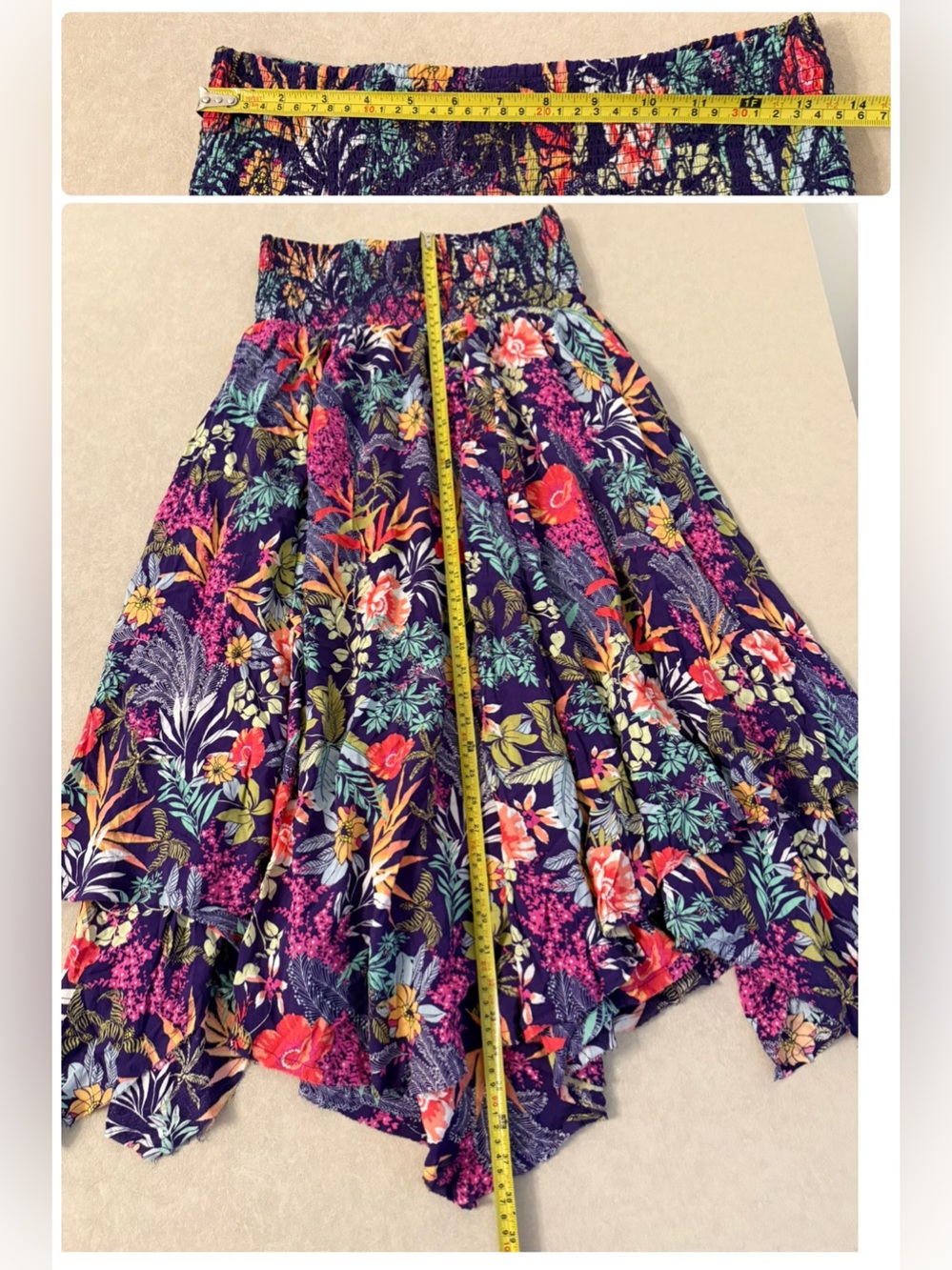 Free People Purple Floral Handkerchief Hem Smocked Asymmetrical Cotton Skirt M - Picture 17 of 17